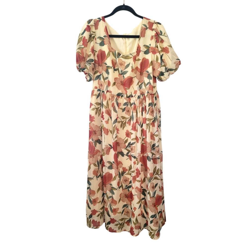 Dazy Cream & Red Floral Puff Sleeve Maxi Dress Size XL NWT